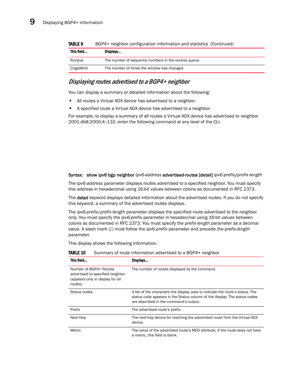Displaying routes advertised to a bgp4+ neighbor | Brocade Virtual ADX Switch and Router Guide (Supporting ADX v03.1.00) User Manual | Page 356 / 374