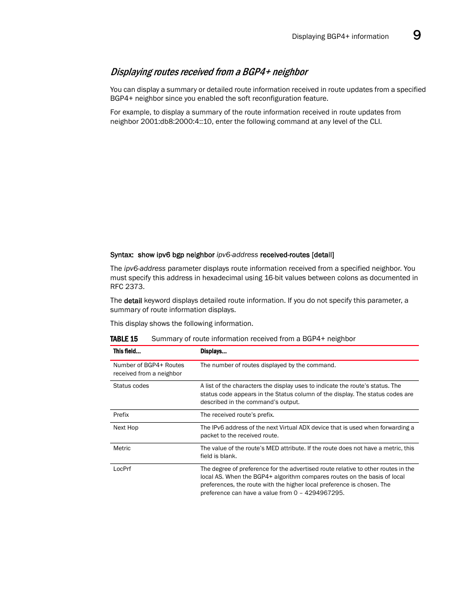 Displaying routes received from a bgp4+ neighbor | Brocade Virtual ADX Switch and Router Guide (Supporting ADX v03.1.00) User Manual | Page 361 / 374