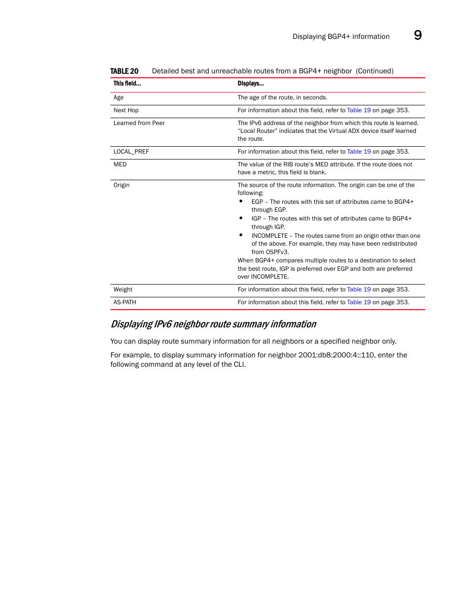 Displaying ipv6 neighbor route summary information | Brocade Virtual ADX Switch and Router Guide (Supporting ADX v03.1.00) User Manual | Page 369 / 374