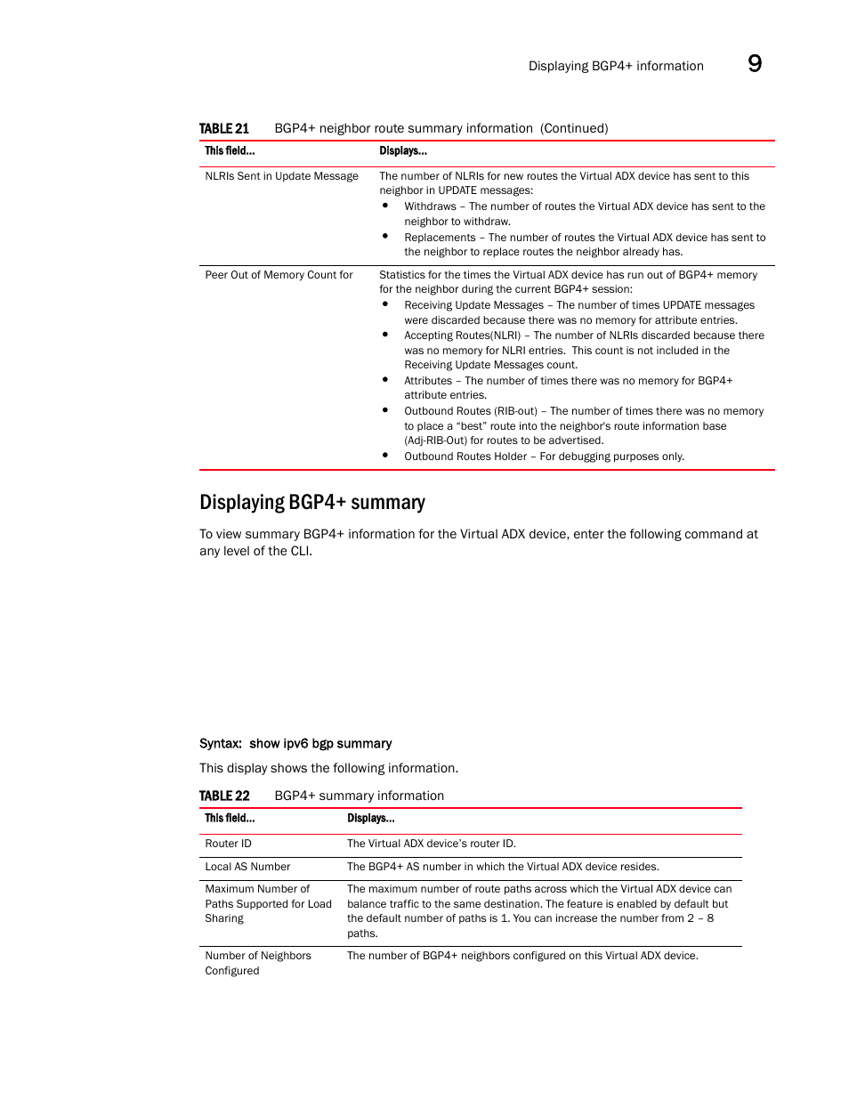 Displaying bgp4+ summary | Brocade Virtual ADX Switch and Router Guide (Supporting ADX v03.1.00) User Manual | Page 371 / 374
