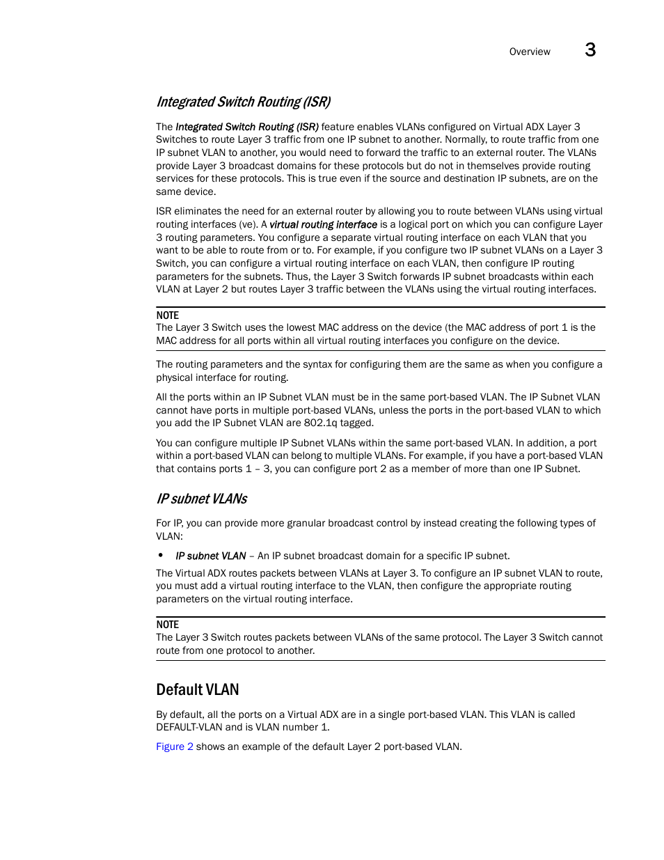 Default vlan, Integrated switch routing (isr), Ip subnet vlans | Brocade Virtual ADX Switch and Router Guide (Supporting ADX v03.1.00) User Manual | Page 39 / 374