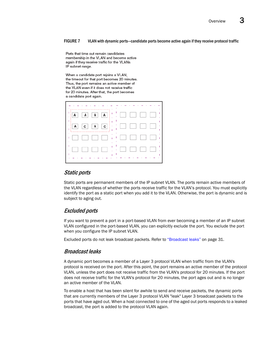 Broadcast leaks, Figure 7, Static ports | Excluded ports | Brocade Virtual ADX Switch and Router Guide (Supporting ADX v03.1.00) User Manual | Page 45 / 374