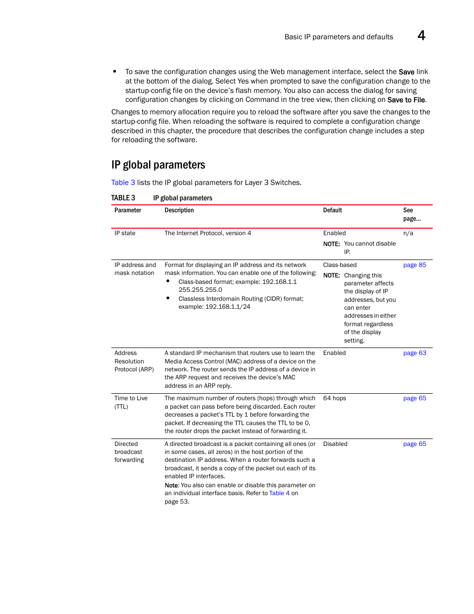 Ip global parameters | Brocade Virtual ADX Switch and Router Guide (Supporting ADX v03.1.00) User Manual | Page 65 / 374