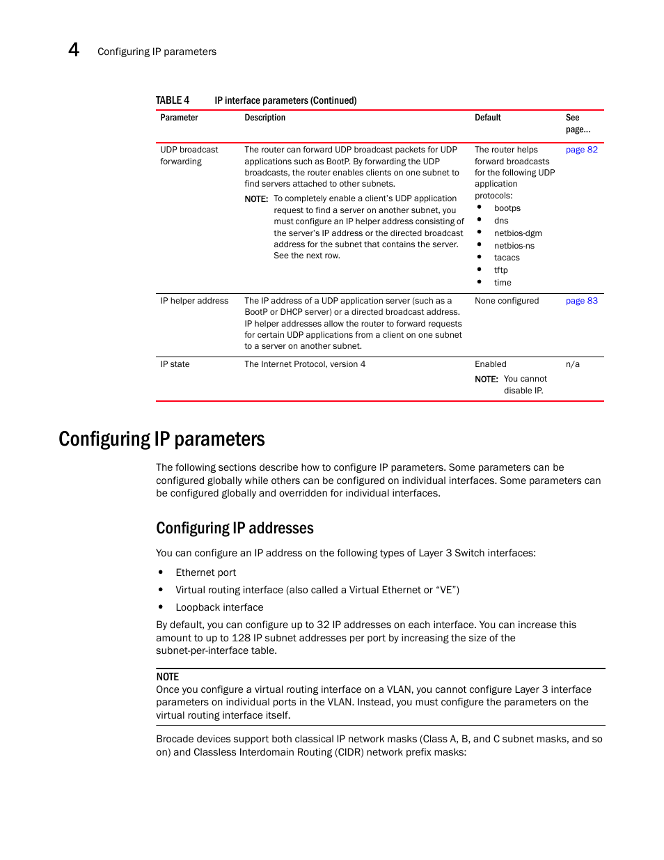 Configuring ip parameters, Configuring ip addresses | Brocade Virtual ADX Switch and Router Guide (Supporting ADX v03.1.00) User Manual | Page 68 / 374