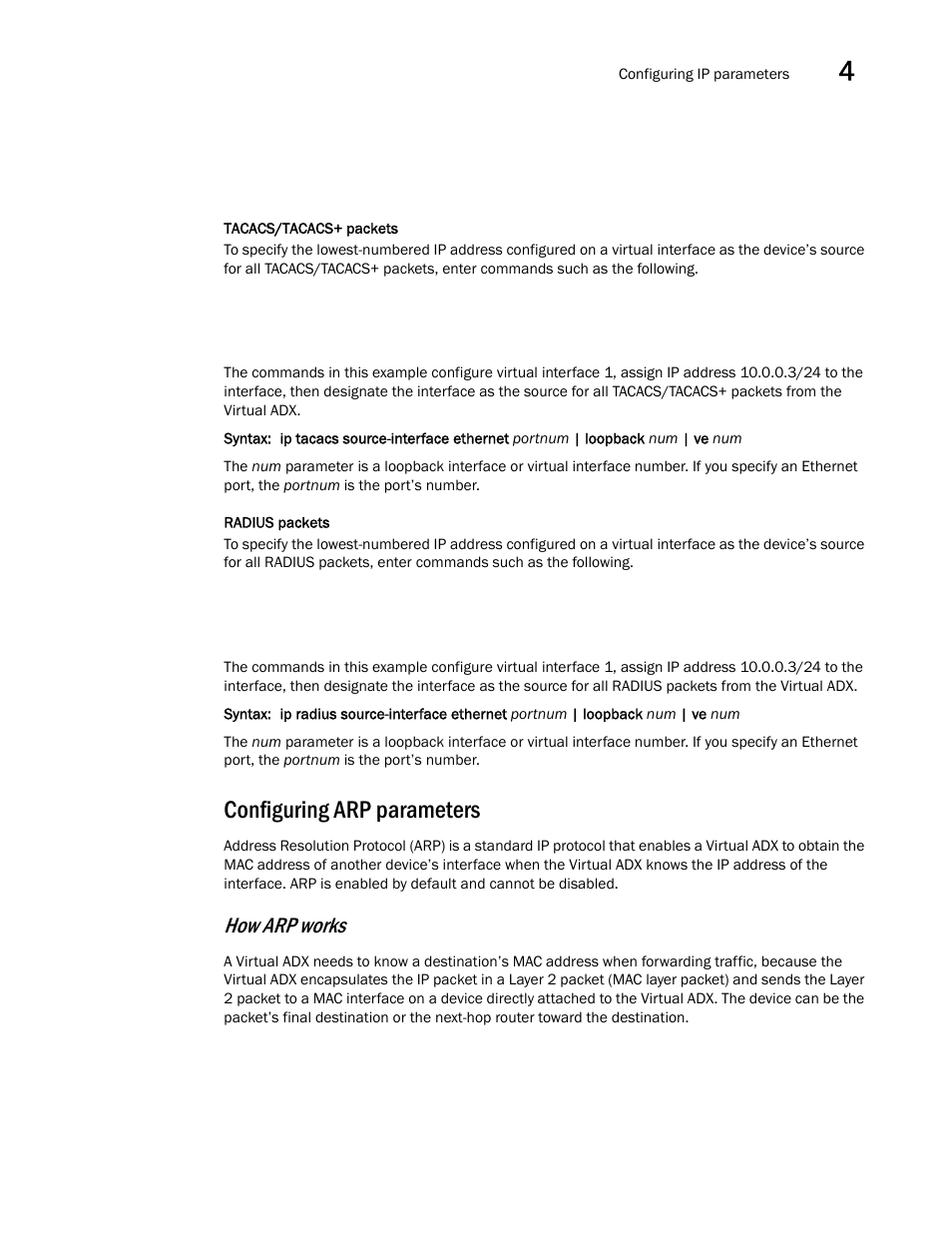 Configuring arp parameters, How arp works | Brocade Virtual ADX Switch and Router Guide (Supporting ADX v03.1.00) User Manual | Page 77 / 374