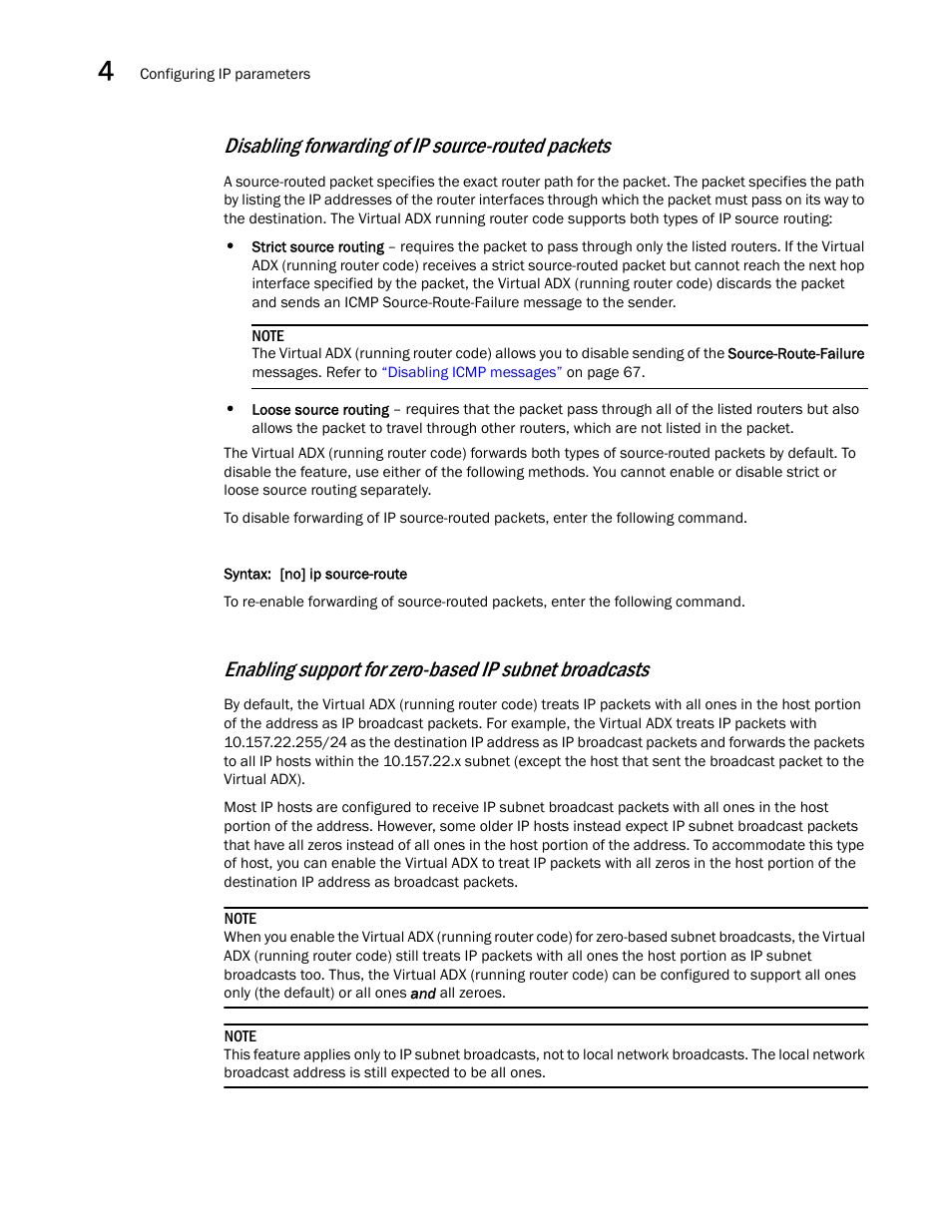 Disabling forwarding of ip source-routed packets | Brocade Virtual ADX Switch and Router Guide (Supporting ADX v03.1.00) User Manual | Page 80 / 374