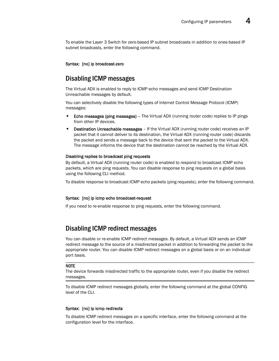 Disabling icmp messages, Disabling icmp redirect messages | Brocade Virtual ADX Switch and Router Guide (Supporting ADX v03.1.00) User Manual | Page 81 / 374
