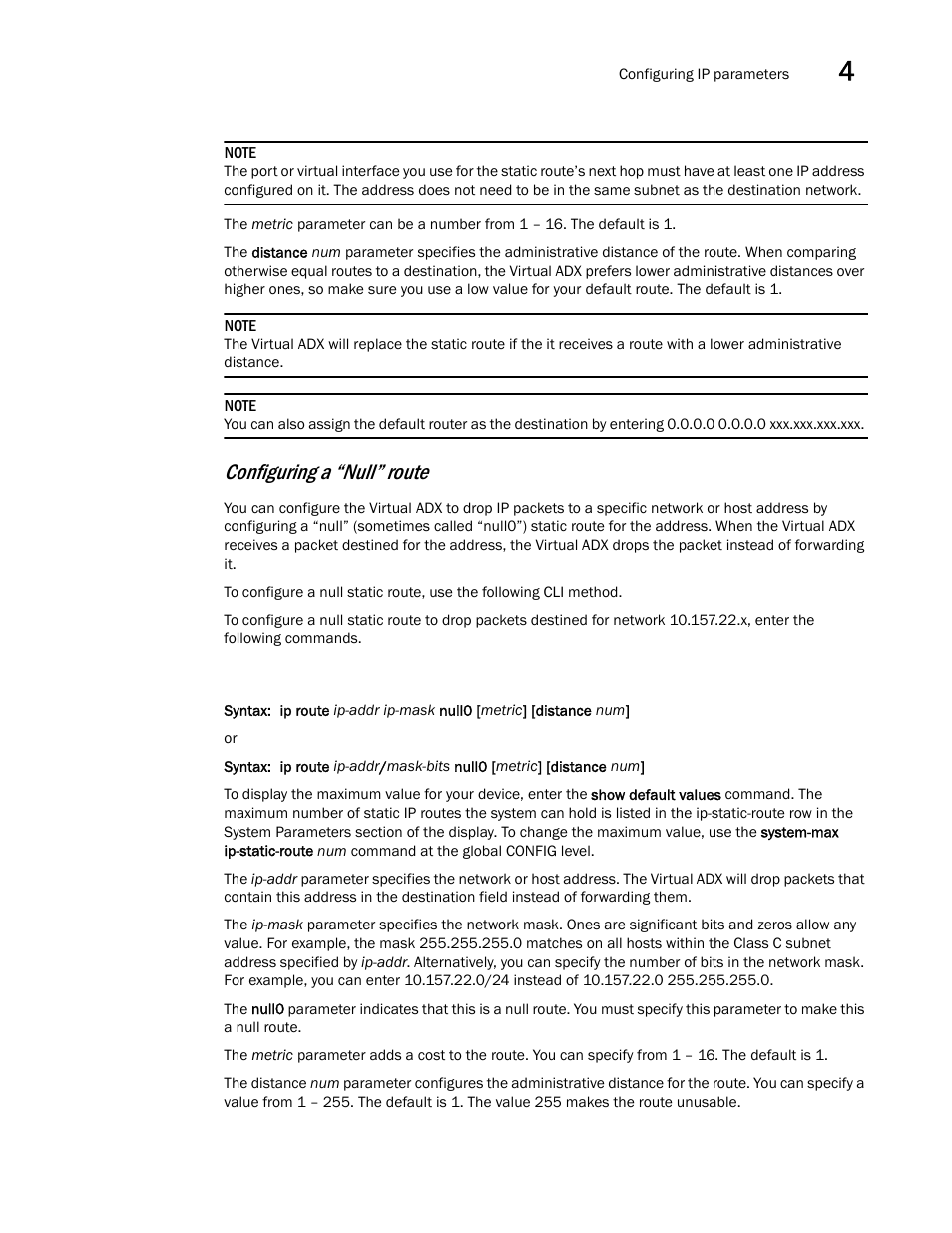 Configuring a “null” route | Brocade Virtual ADX Switch and Router Guide (Supporting ADX v03.1.00) User Manual | Page 85 / 374