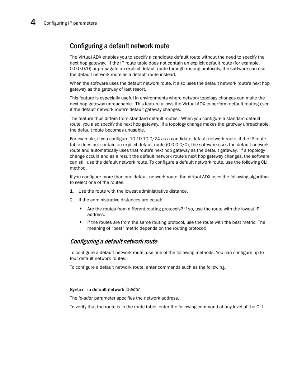 Configuring a default network route, Configuring a default network, Route | Brocade Virtual ADX Switch and Router Guide (Supporting ADX v03.1.00) User Manual | Page 90 / 374