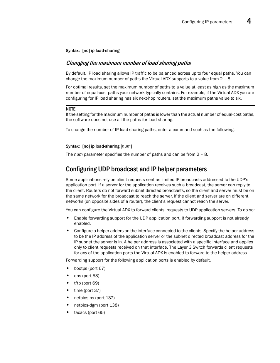 Configuring udp broadcast and ip helper parameters, Changing the maximum number of load sharing paths | Brocade Virtual ADX Switch and Router Guide (Supporting ADX v03.1.00) User Manual | Page 95 / 374