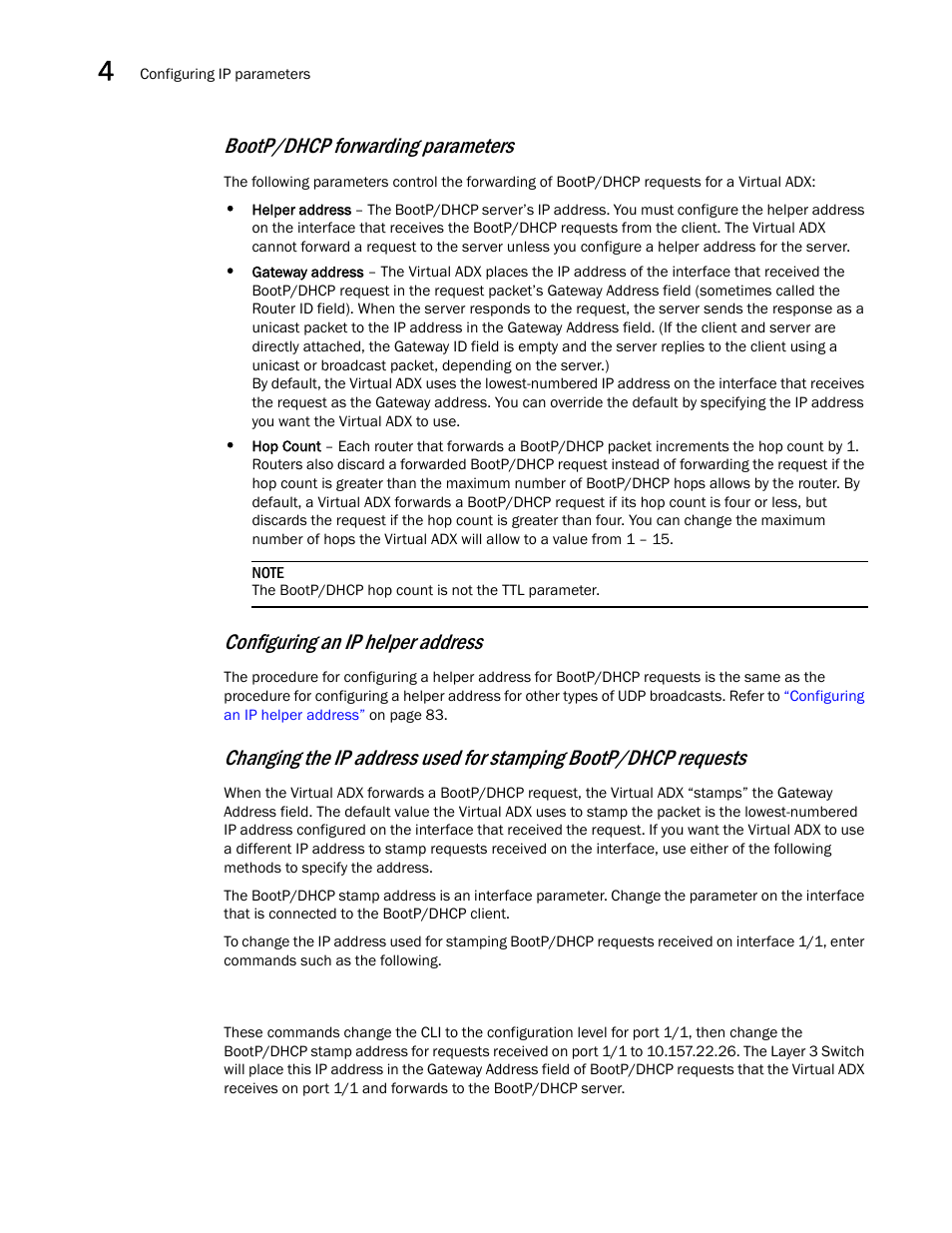 Configuring an ip helper address, Bootp/dhcp forwarding parameters | Brocade Virtual ADX Switch and Router Guide (Supporting ADX v03.1.00) User Manual | Page 98 / 374