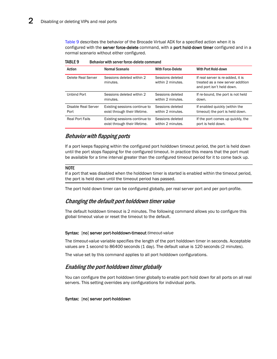 Behavior with flapping ports, Changing the default port holddown timer value, Enabling the port holddown timer globally | Brocade Virtual ADX Server Load Balancing Guide (Supporting ADX v03.1.00) User Manual | Page 100 / 408