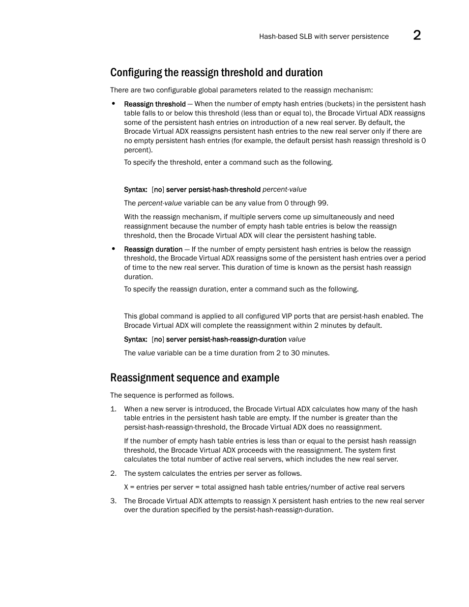 Configuring the reassign threshold and duration, Reassignment sequence and example | Brocade Virtual ADX Server Load Balancing Guide (Supporting ADX v03.1.00) User Manual | Page 105 / 408