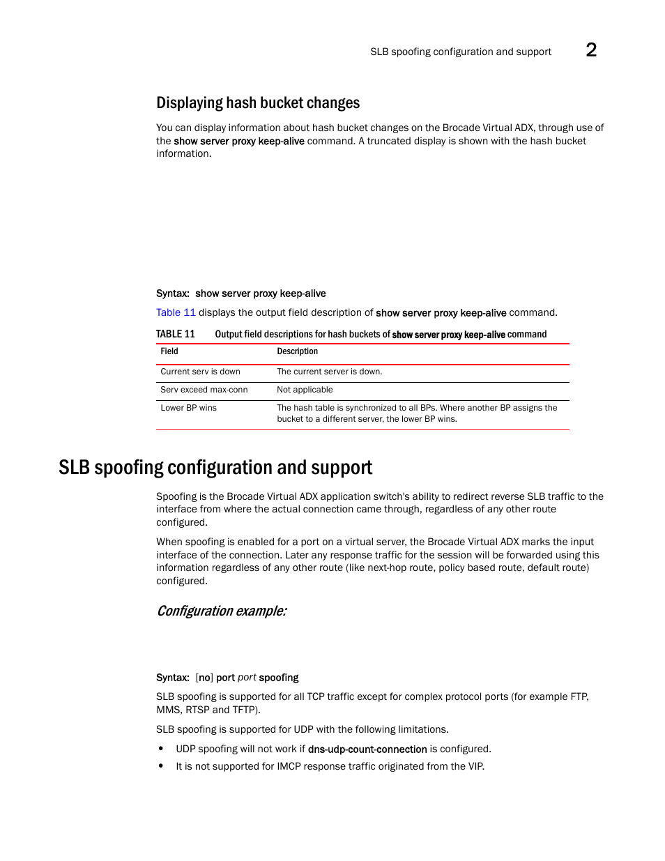 Displaying hash bucket changes, Slb spoofing configuration and support, Configuration example | Brocade Virtual ADX Server Load Balancing Guide (Supporting ADX v03.1.00) User Manual | Page 111 / 408