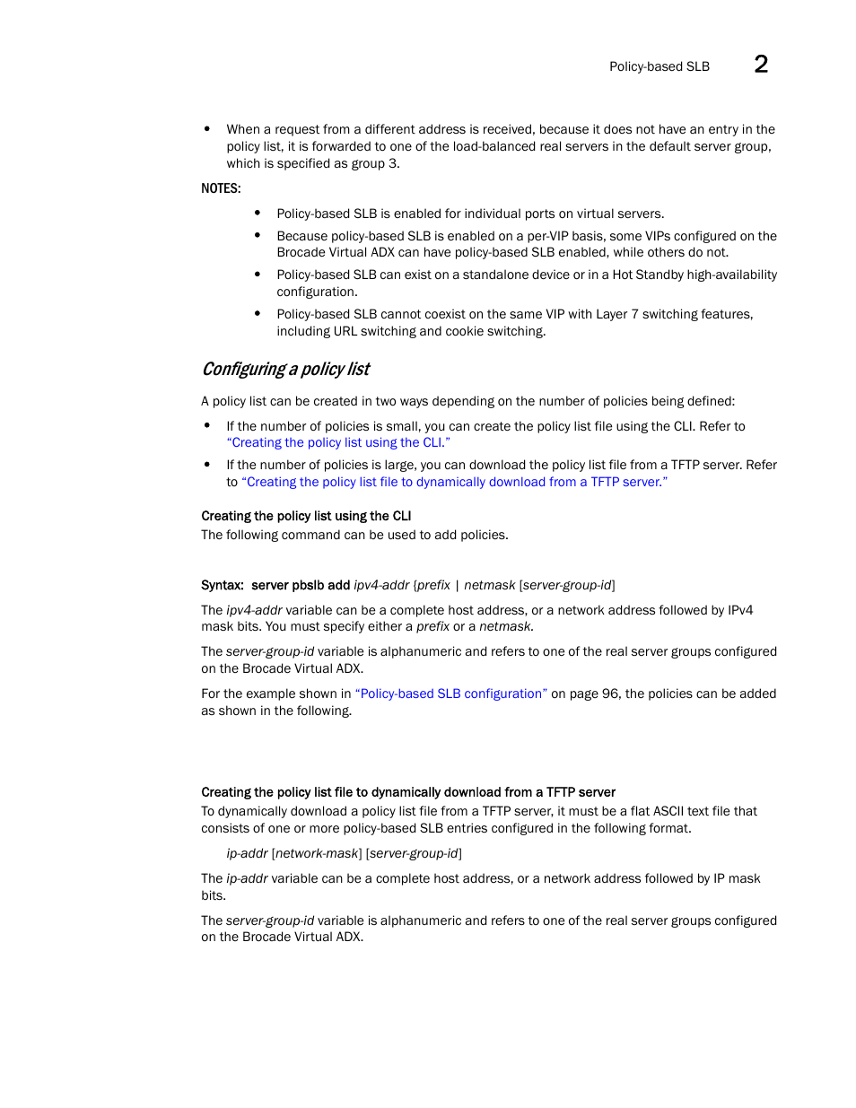 Configuring a policy list | Brocade Virtual ADX Server Load Balancing Guide (Supporting ADX v03.1.00) User Manual | Page 113 / 408