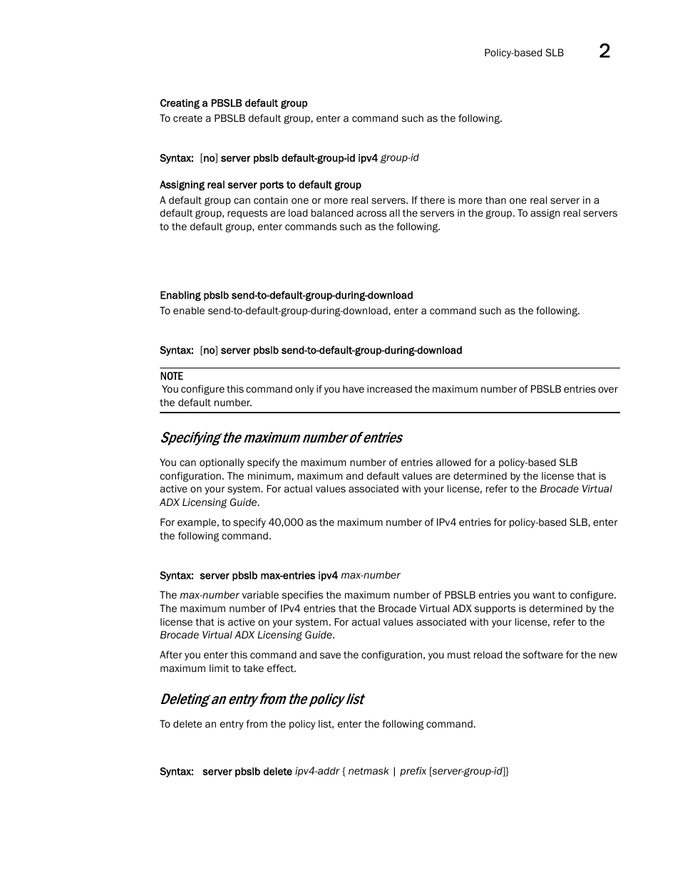 Specifying the maximum number of entries, Deleting an entry from the policy list | Brocade Virtual ADX Server Load Balancing Guide (Supporting ADX v03.1.00) User Manual | Page 115 / 408