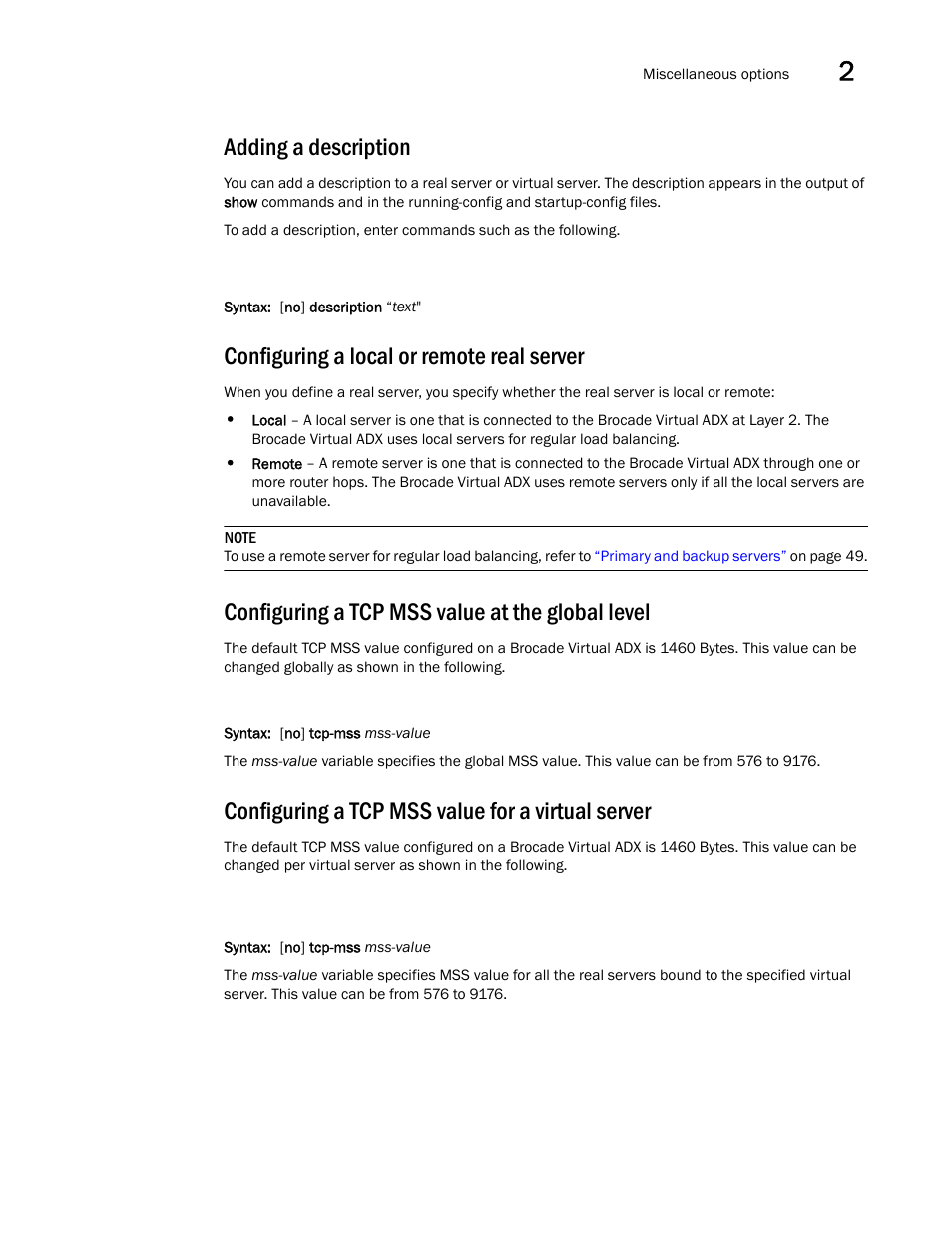 Adding a description, Configuring a local or remote real server, Configuring a tcp mss value at the global level | Configuring a tcp mss value for a virtual server | Brocade Virtual ADX Server Load Balancing Guide (Supporting ADX v03.1.00) User Manual | Page 123 / 408