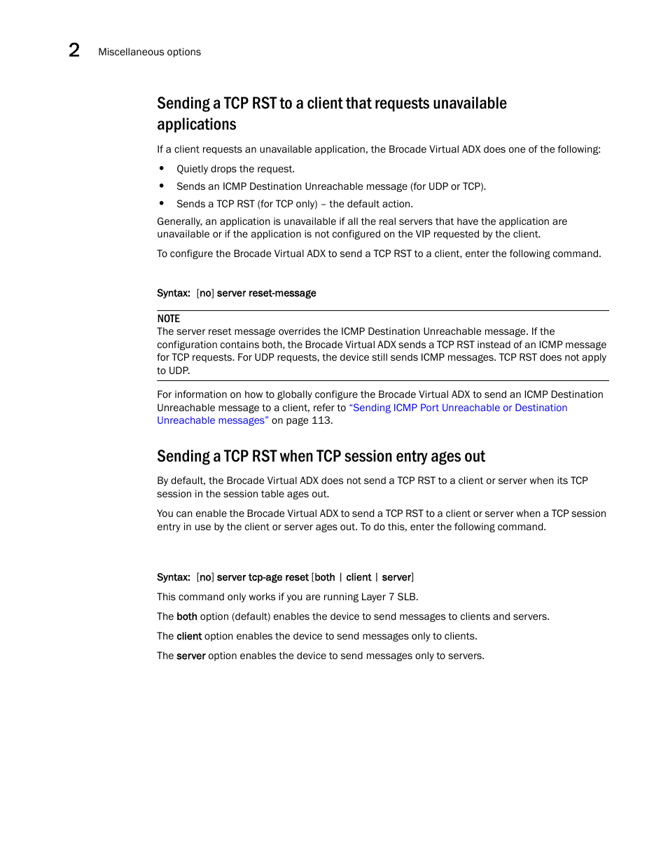 Sending a tcp rst when tcp session entry ages out | Brocade Virtual ADX Server Load Balancing Guide (Supporting ADX v03.1.00) User Manual | Page 130 / 408