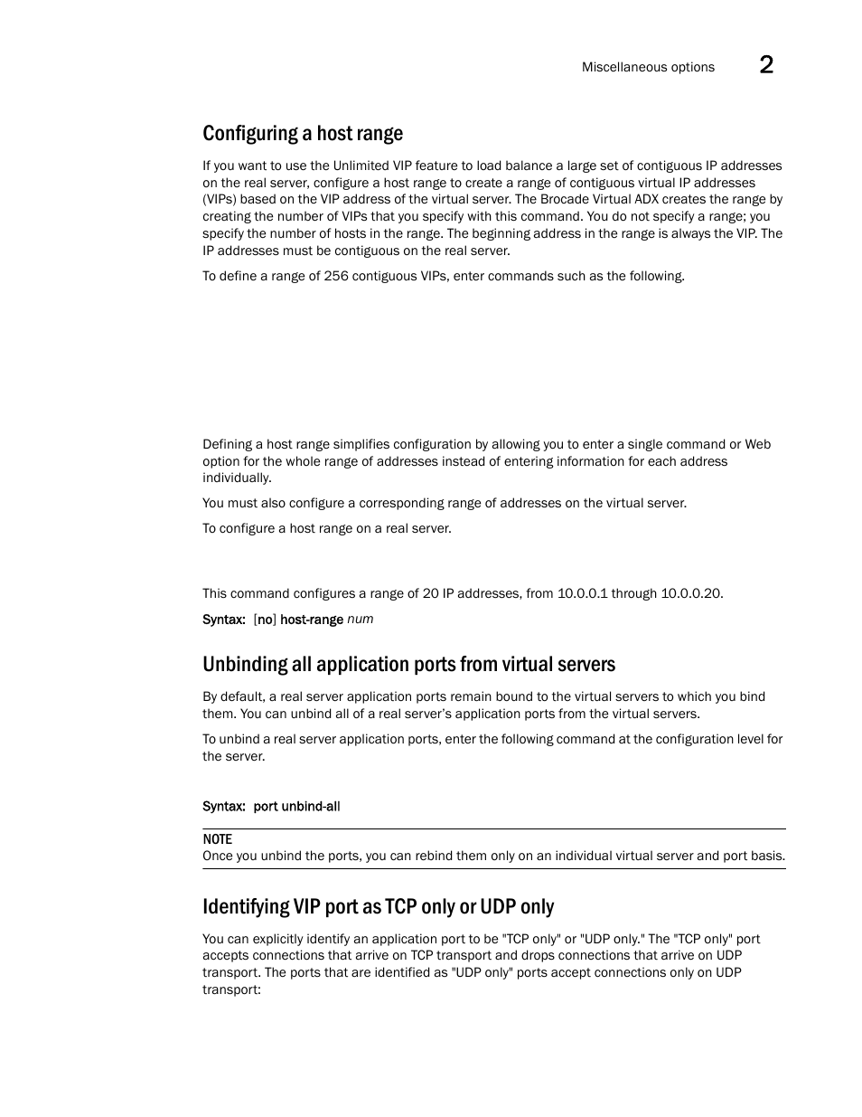 Configuring a host range, Identifying vip port as tcp only or udp only | Brocade Virtual ADX Server Load Balancing Guide (Supporting ADX v03.1.00) User Manual | Page 135 / 408