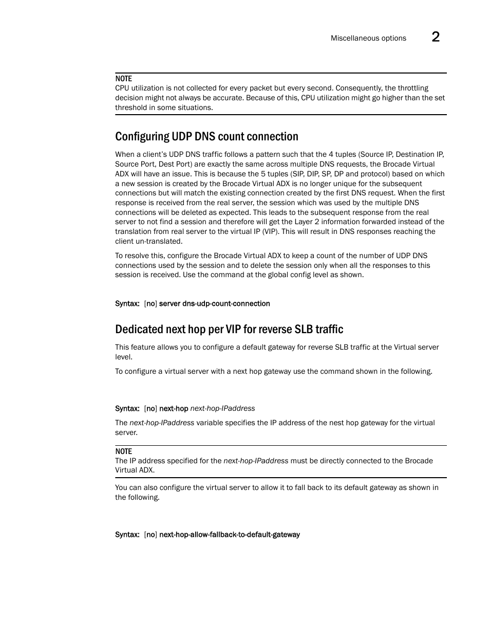 Configuring udp dns count connection, Dedicated next hop per vip for reverse slb traffic | Brocade Virtual ADX Server Load Balancing Guide (Supporting ADX v03.1.00) User Manual | Page 139 / 408