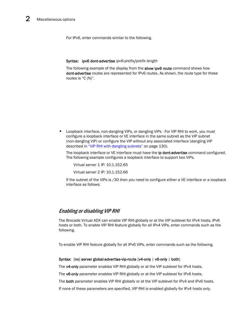 Enabling or disabling vip rhi | Brocade Virtual ADX Server Load Balancing Guide (Supporting ADX v03.1.00) User Manual | Page 142 / 408