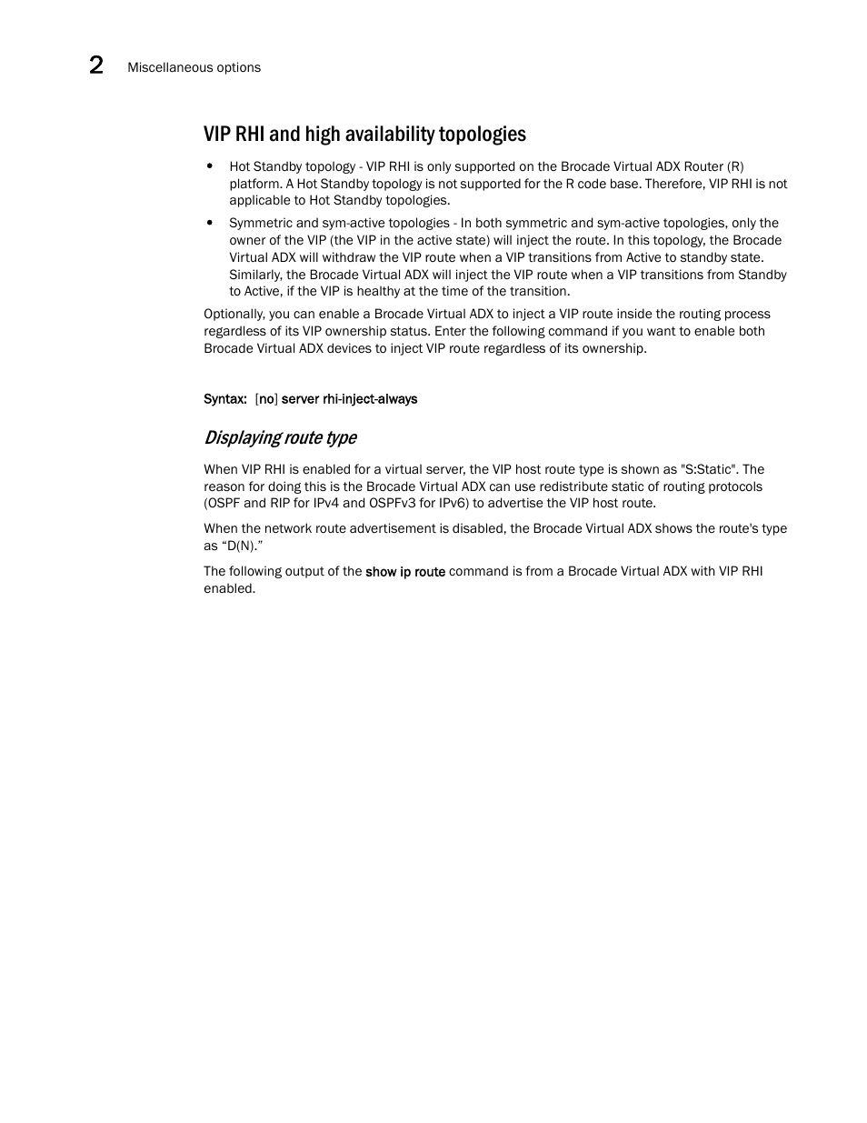 Vip rhi and high availability topologies, Displaying route type | Brocade Virtual ADX Server Load Balancing Guide (Supporting ADX v03.1.00) User Manual | Page 148 / 408