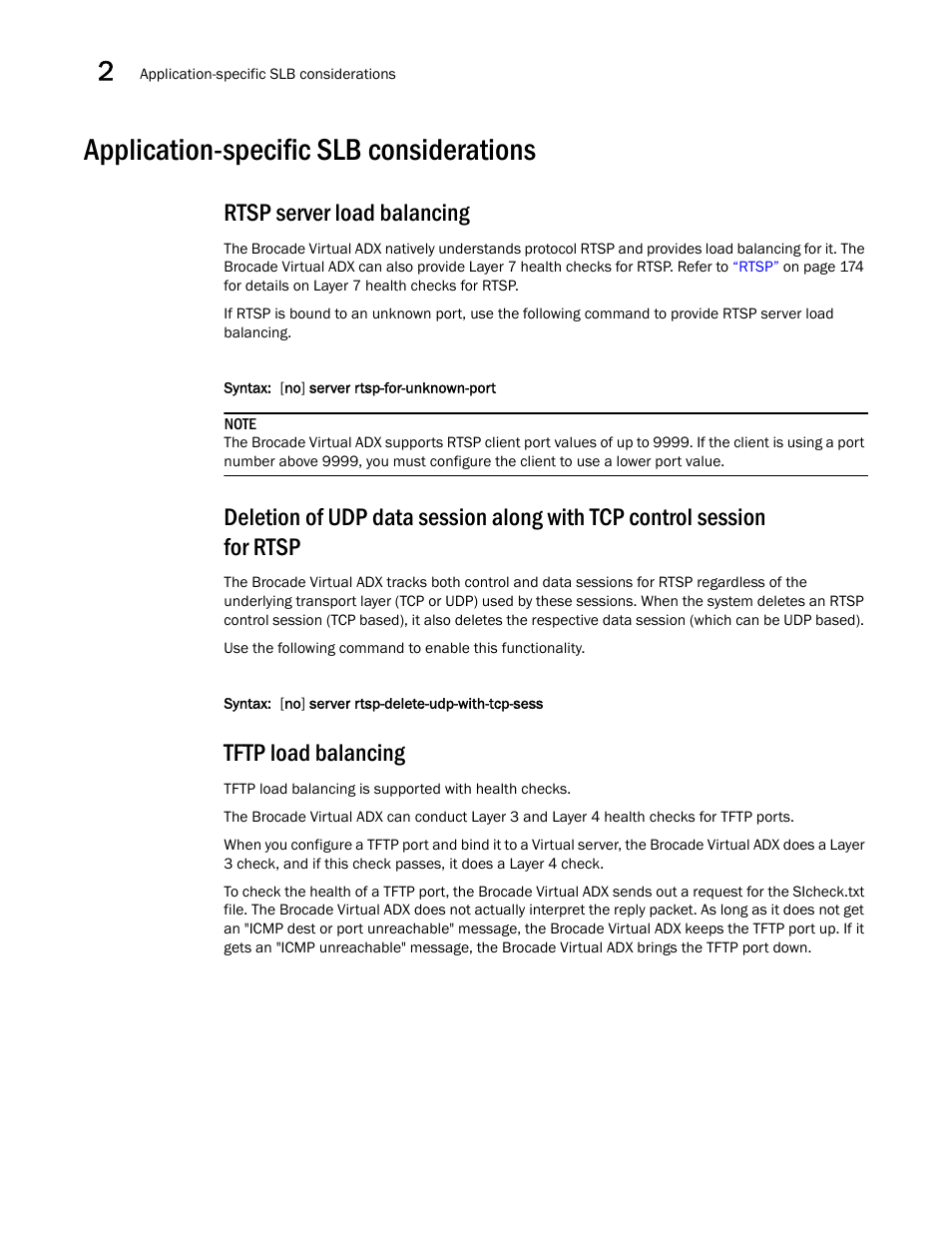 Application-specific slb considerations, Rtsp server load balancing, Tftp load balancing | Brocade Virtual ADX Server Load Balancing Guide (Supporting ADX v03.1.00) User Manual | Page 166 / 408