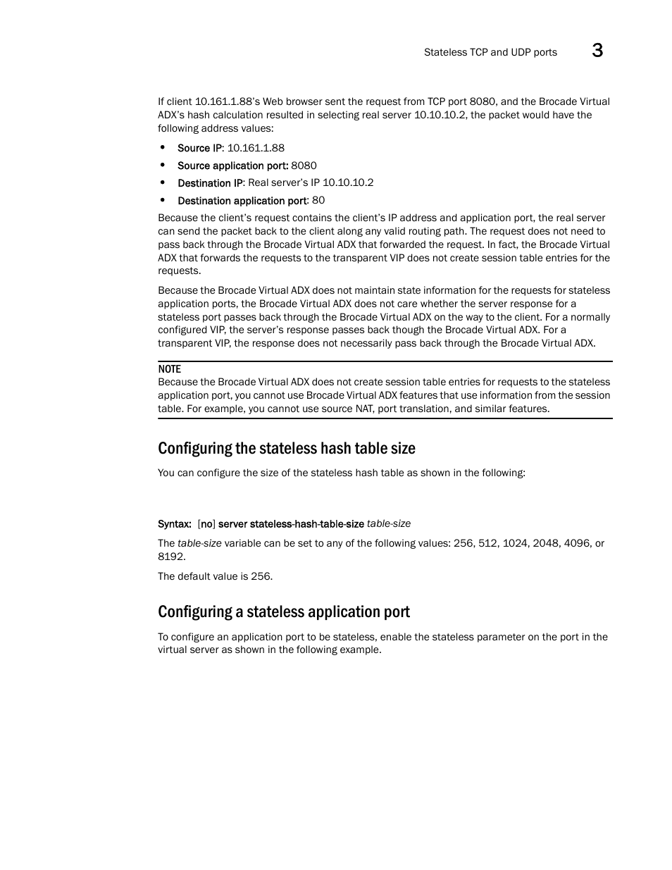 Configuring the stateless hash table size, Configuring a stateless application port | Brocade Virtual ADX Server Load Balancing Guide (Supporting ADX v03.1.00) User Manual | Page 171 / 408