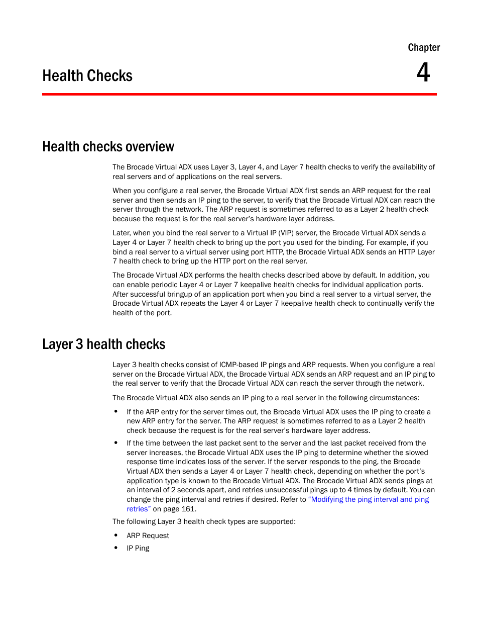 Health checks, Health checks overview, Layer 3 health checks | Chapter 4, Chapter 4, “health checks | Brocade Virtual ADX Server Load Balancing Guide (Supporting ADX v03.1.00) User Manual | Page 175 / 408