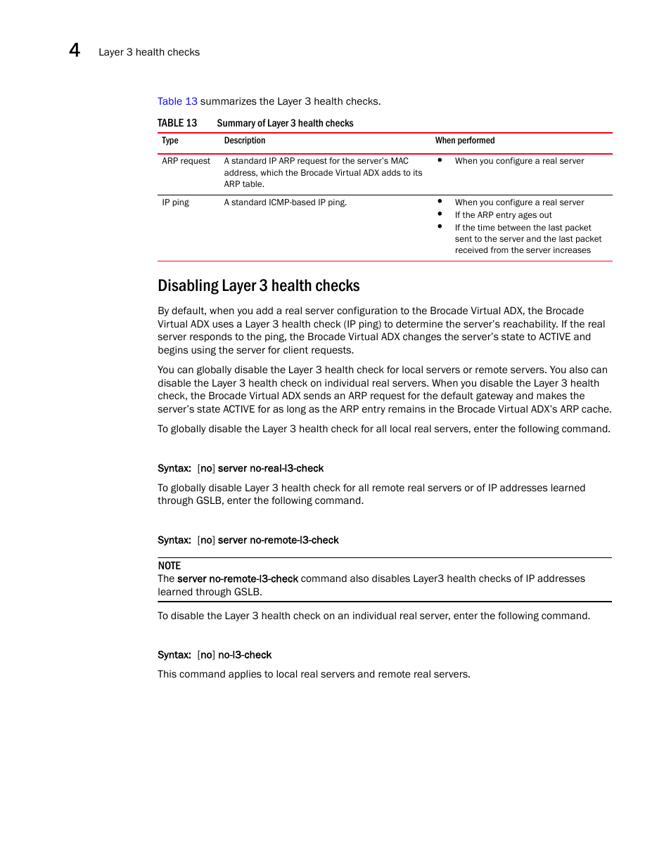 Disabling layer 3 health checks | Brocade Virtual ADX Server Load Balancing Guide (Supporting ADX v03.1.00) User Manual | Page 176 / 408