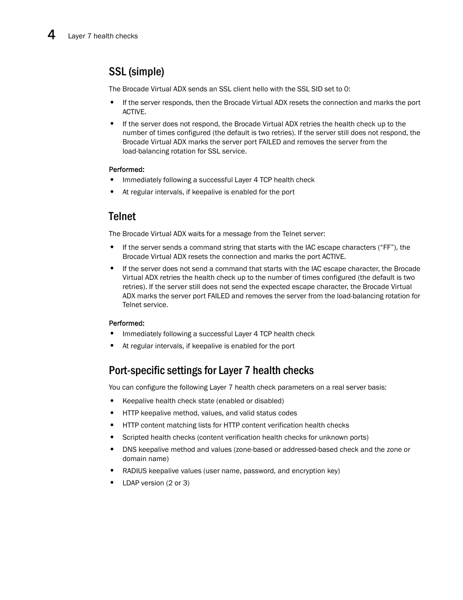 Ssl (simple), Telnet, Port-specific settings for layer 7 health checks | Brocade Virtual ADX Server Load Balancing Guide (Supporting ADX v03.1.00) User Manual | Page 192 / 408