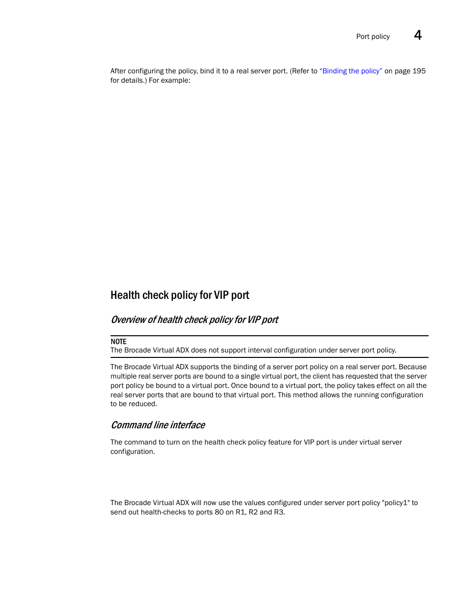 Health check policy for vip port, Overview of health check policy for vip port, Command line interface | Brocade Virtual ADX Server Load Balancing Guide (Supporting ADX v03.1.00) User Manual | Page 213 / 408