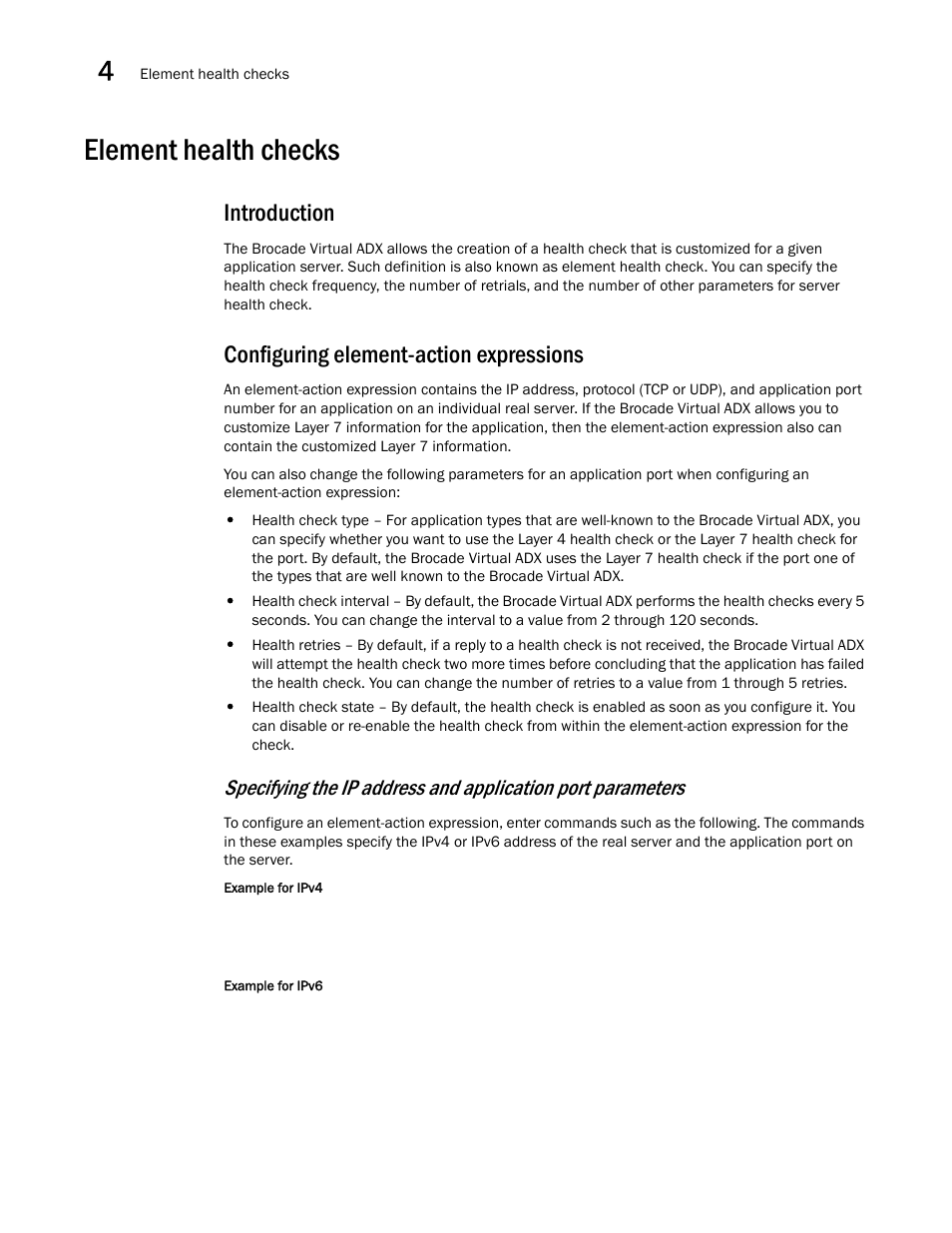 Element health checks, Introduction, Configuring element-action expressions | Brocade Virtual ADX Server Load Balancing Guide (Supporting ADX v03.1.00) User Manual | Page 214 / 408