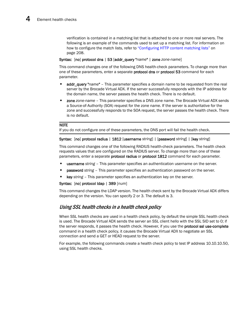 Using ssl health checks in a health check policy | Brocade Virtual ADX Server Load Balancing Guide (Supporting ADX v03.1.00) User Manual | Page 218 / 408