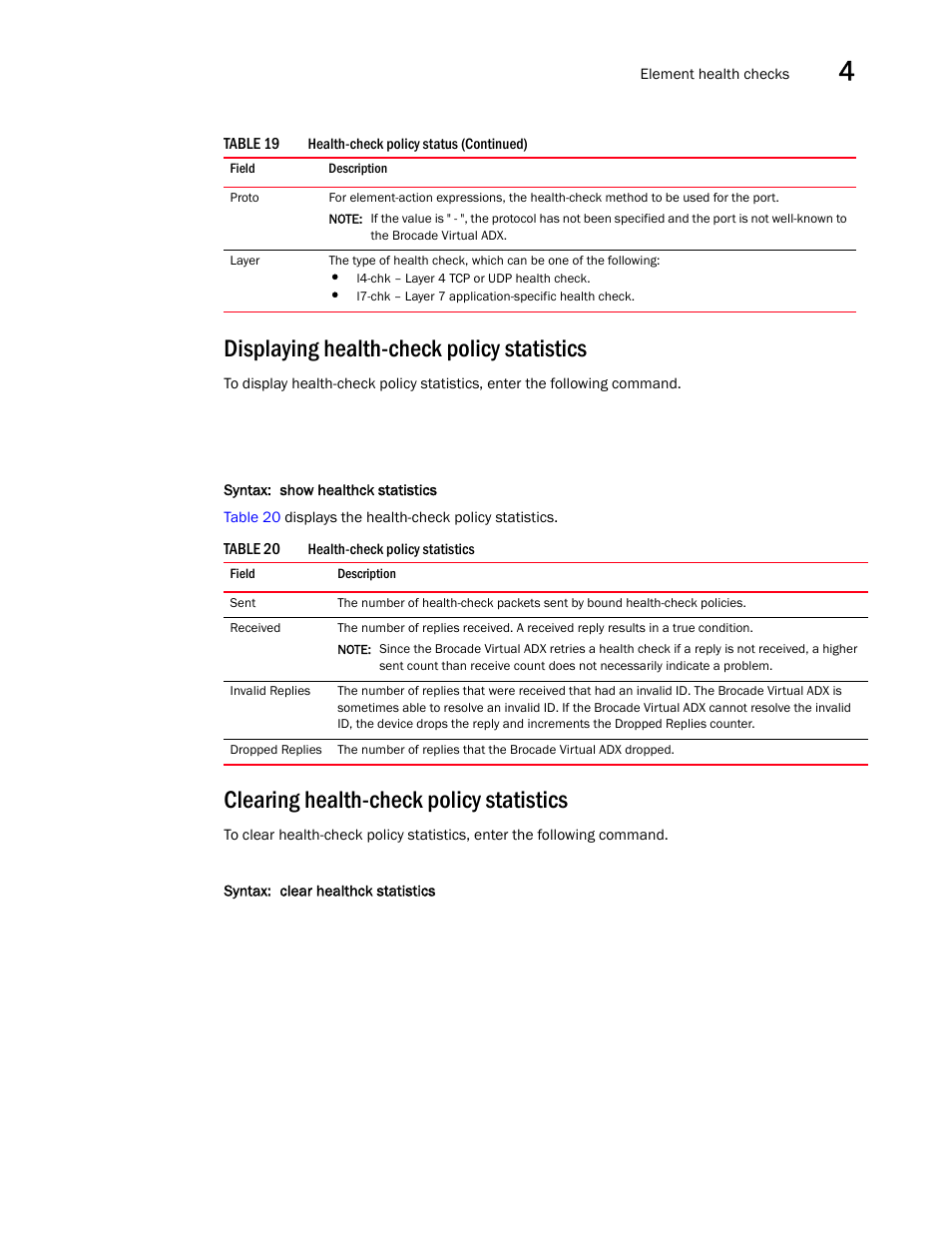 Displaying health-check policy statistics, Clearing health-check policy statistics | Brocade Virtual ADX Server Load Balancing Guide (Supporting ADX v03.1.00) User Manual | Page 223 / 408