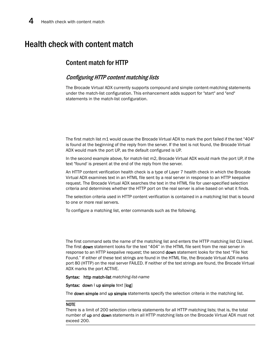 Health check with content match, Content match for http, Configuring http content matching lists | Brocade Virtual ADX Server Load Balancing Guide (Supporting ADX v03.1.00) User Manual | Page 224 / 408