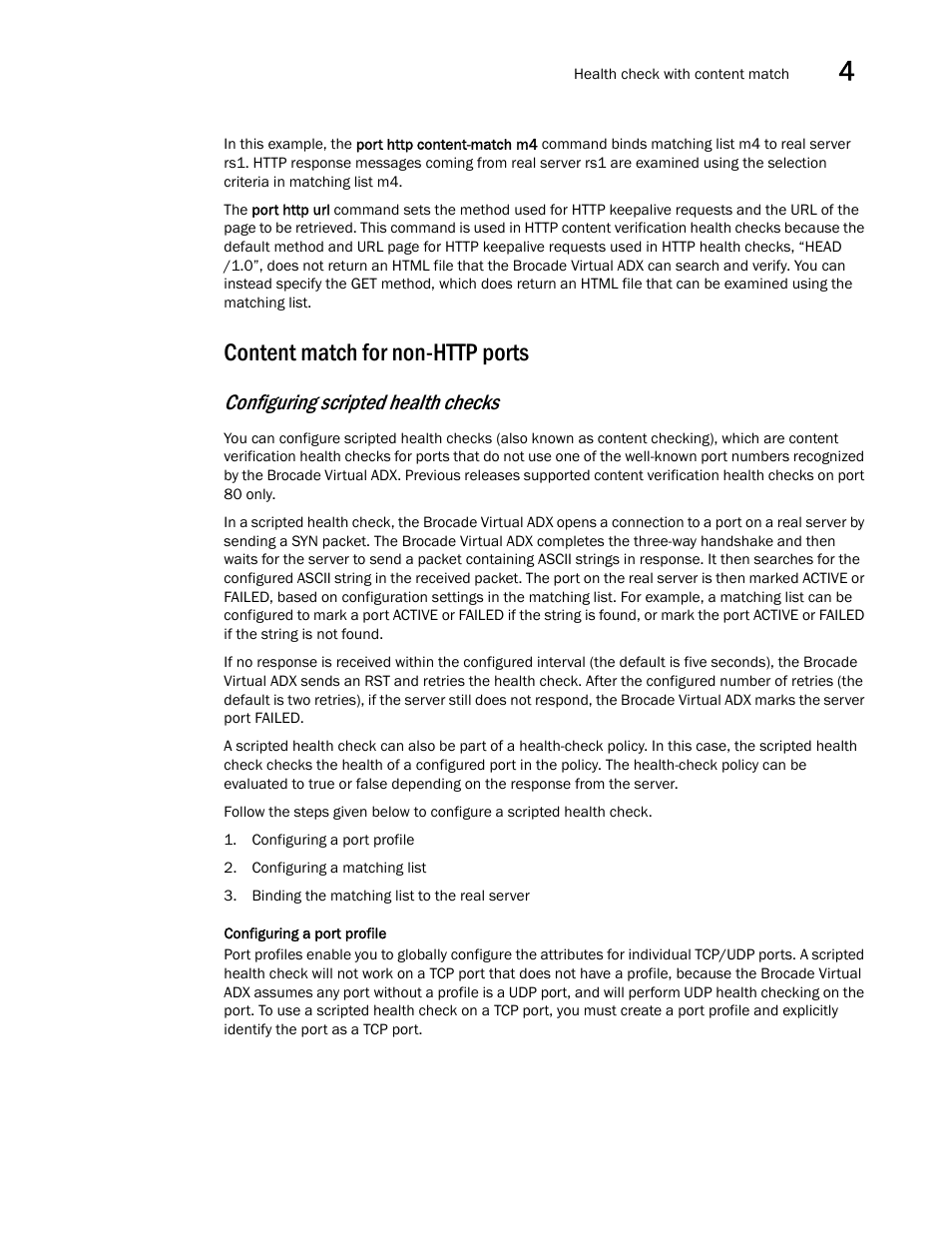 Content match for non-http ports, Configuring scripted health checks | Brocade Virtual ADX Server Load Balancing Guide (Supporting ADX v03.1.00) User Manual | Page 227 / 408