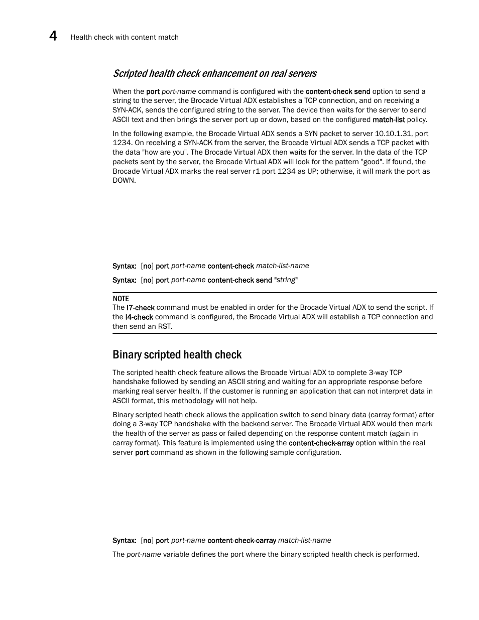 Binary scripted health check, Scripted health check enhancement on real servers | Brocade Virtual ADX Server Load Balancing Guide (Supporting ADX v03.1.00) User Manual | Page 230 / 408