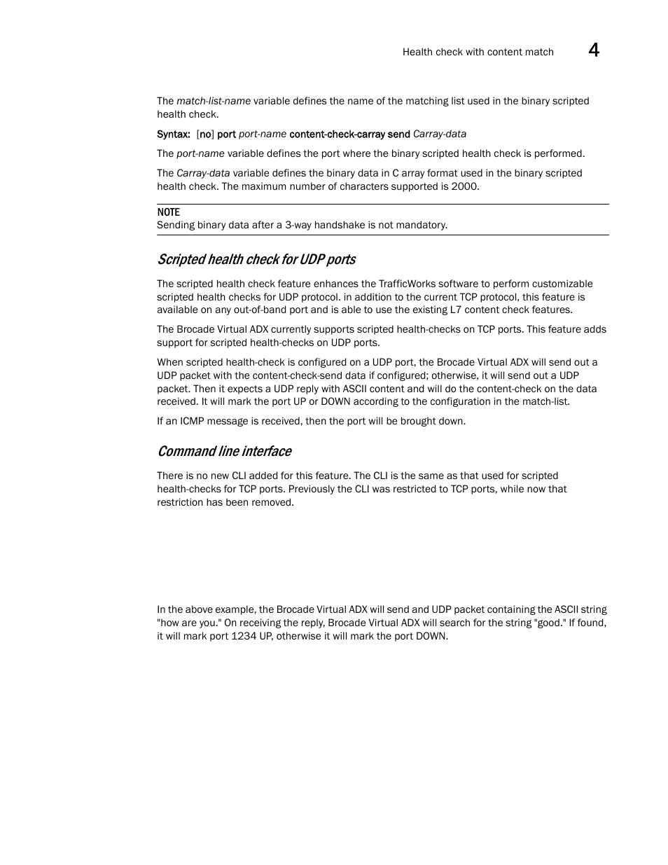 Scripted health check for udp ports, Command line interface | Brocade Virtual ADX Server Load Balancing Guide (Supporting ADX v03.1.00) User Manual | Page 231 / 408