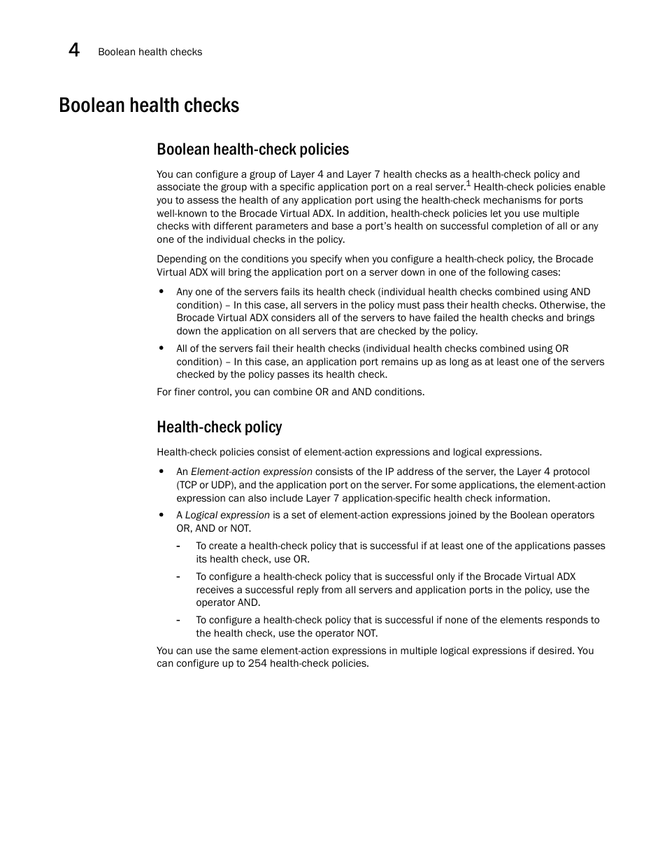 Boolean health checks, Boolean health-check policies, Health-check policy | Brocade Virtual ADX Server Load Balancing Guide (Supporting ADX v03.1.00) User Manual | Page 232 / 408