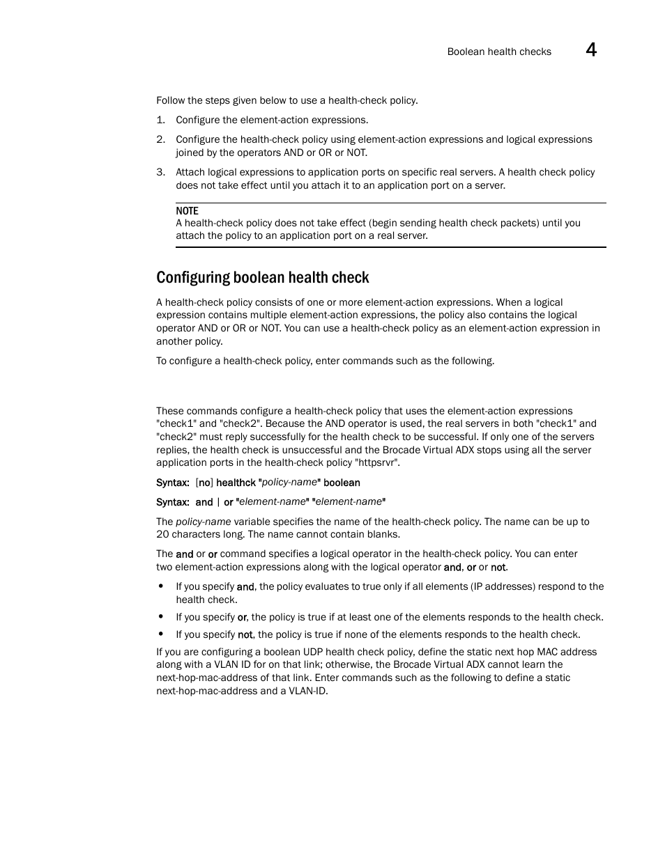 Configuring boolean health check | Brocade Virtual ADX Server Load Balancing Guide (Supporting ADX v03.1.00) User Manual | Page 233 / 408