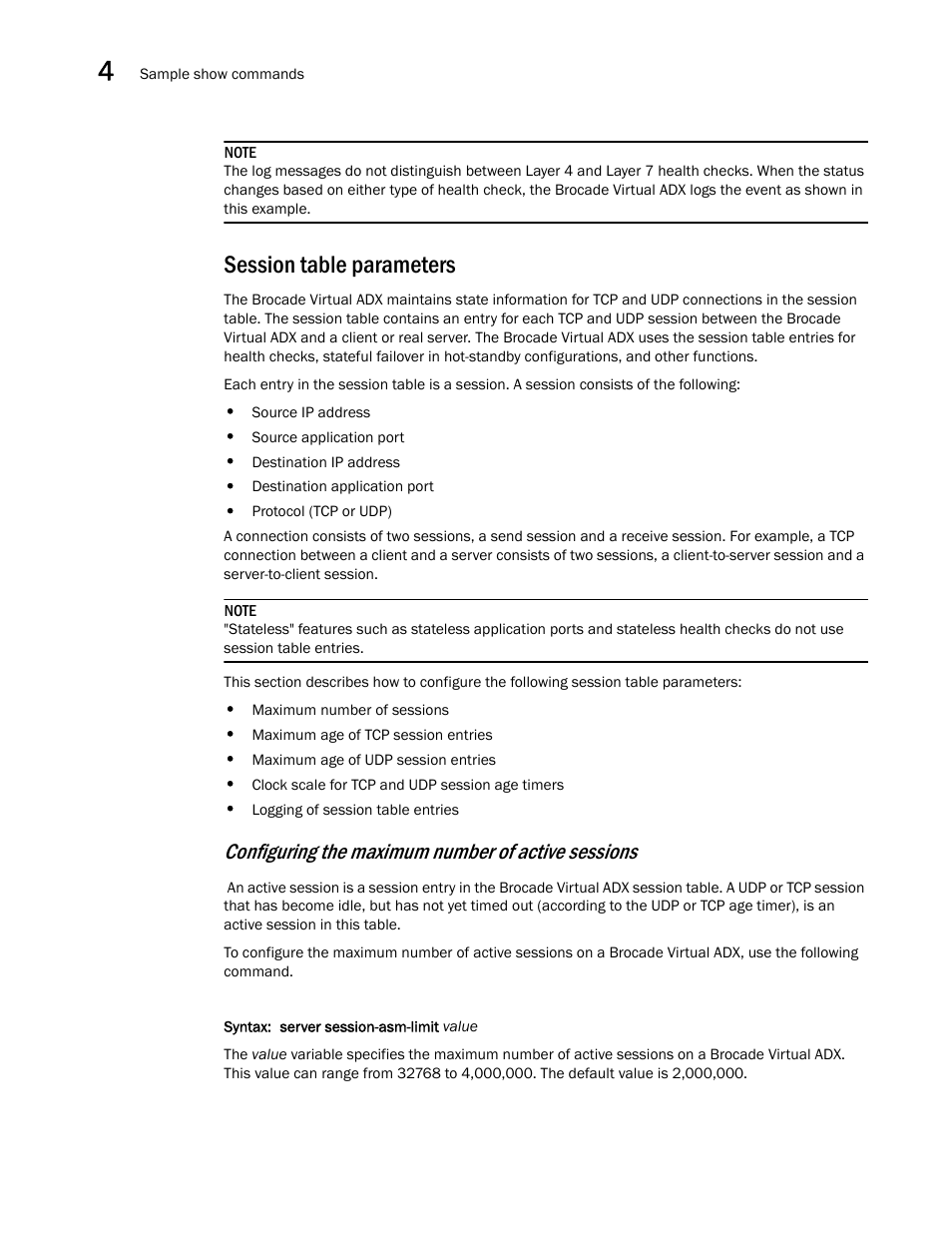 Session table parameters, Configuring the maximum number of active sessions | Brocade Virtual ADX Server Load Balancing Guide (Supporting ADX v03.1.00) User Manual | Page 252 / 408