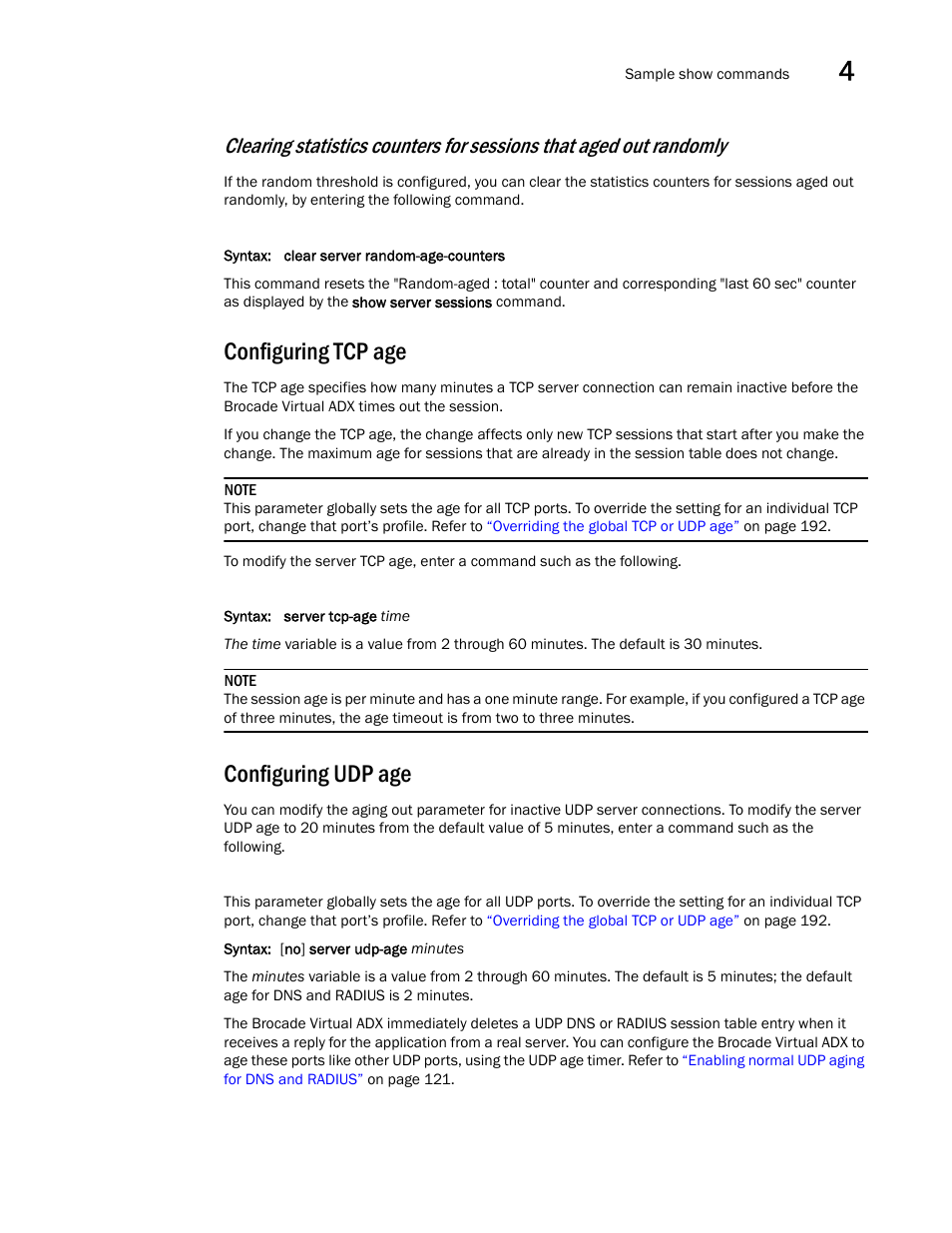 Configuring tcp age, Configuring udp age | Brocade Virtual ADX Server Load Balancing Guide (Supporting ADX v03.1.00) User Manual | Page 255 / 408