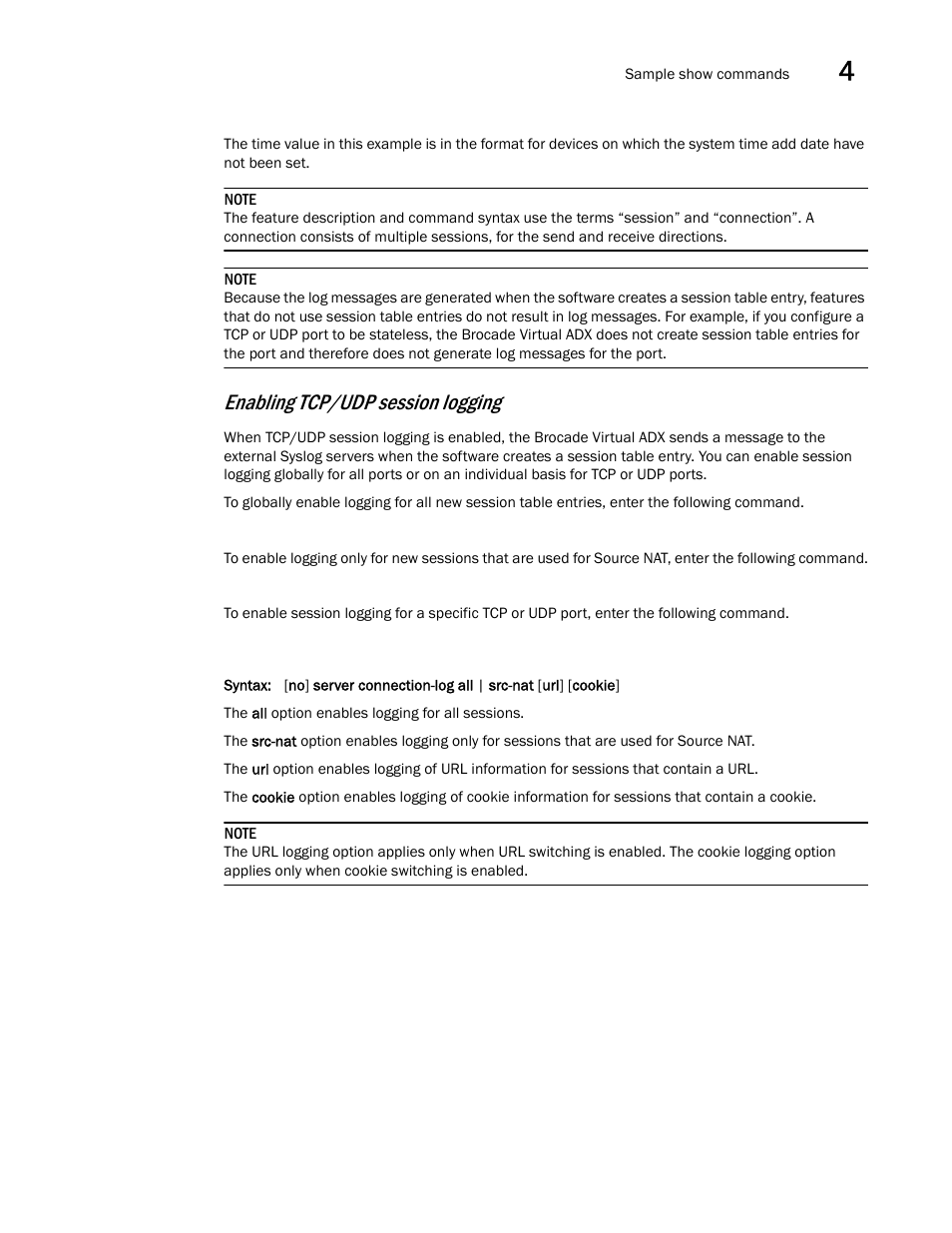 Enabling tcp/udp session logging | Brocade Virtual ADX Server Load Balancing Guide (Supporting ADX v03.1.00) User Manual | Page 257 / 408