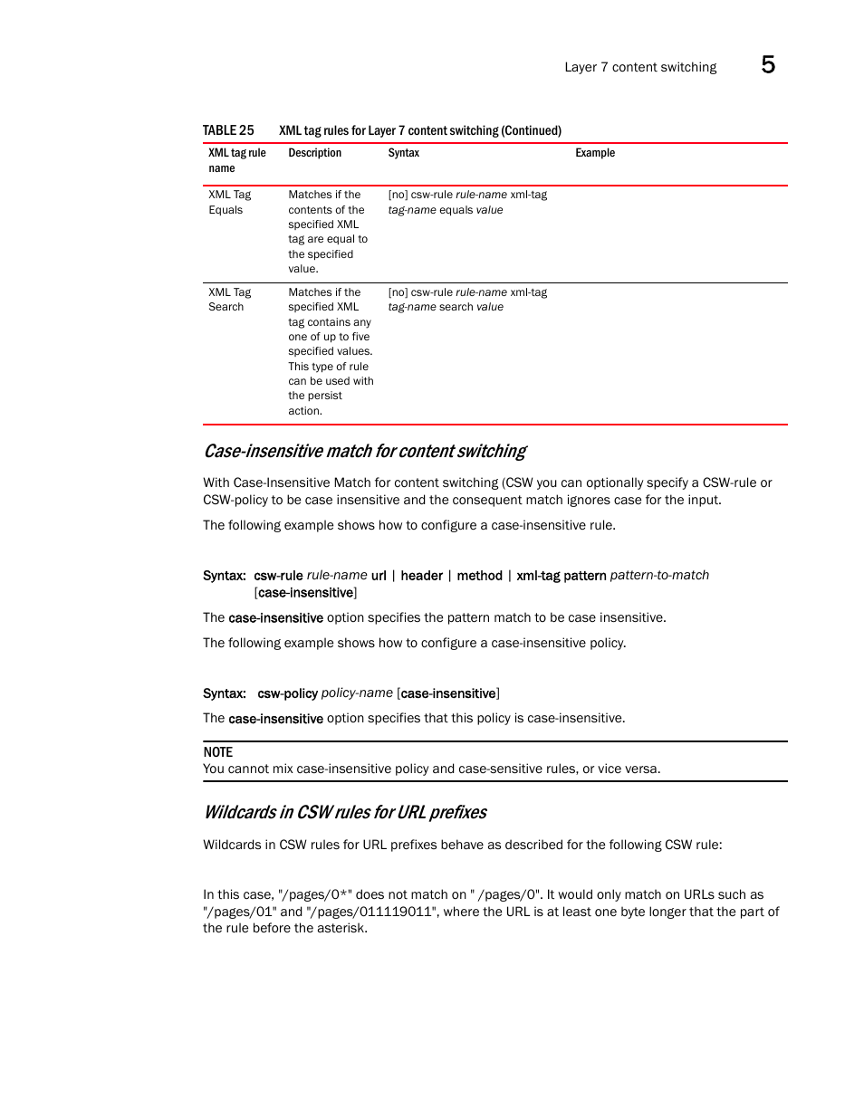 Case-insensitive match for content switching, Wildcards in csw rules for url prefixes | Brocade Virtual ADX Server Load Balancing Guide (Supporting ADX v03.1.00) User Manual | Page 265 / 408