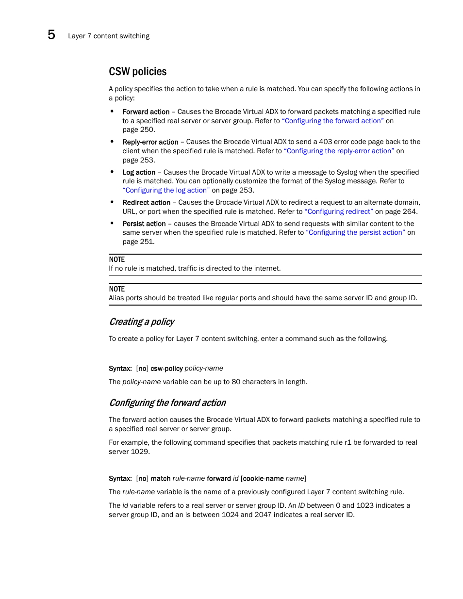 Csw policies, Creating a policy, Configuring the forward action | Brocade Virtual ADX Server Load Balancing Guide (Supporting ADX v03.1.00) User Manual | Page 266 / 408