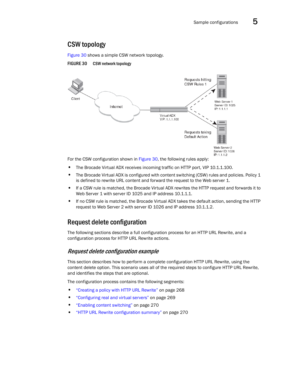 Csw topology, Request delete configuration, Request delete configuration example | Brocade Virtual ADX Server Load Balancing Guide (Supporting ADX v03.1.00) User Manual | Page 283 / 408