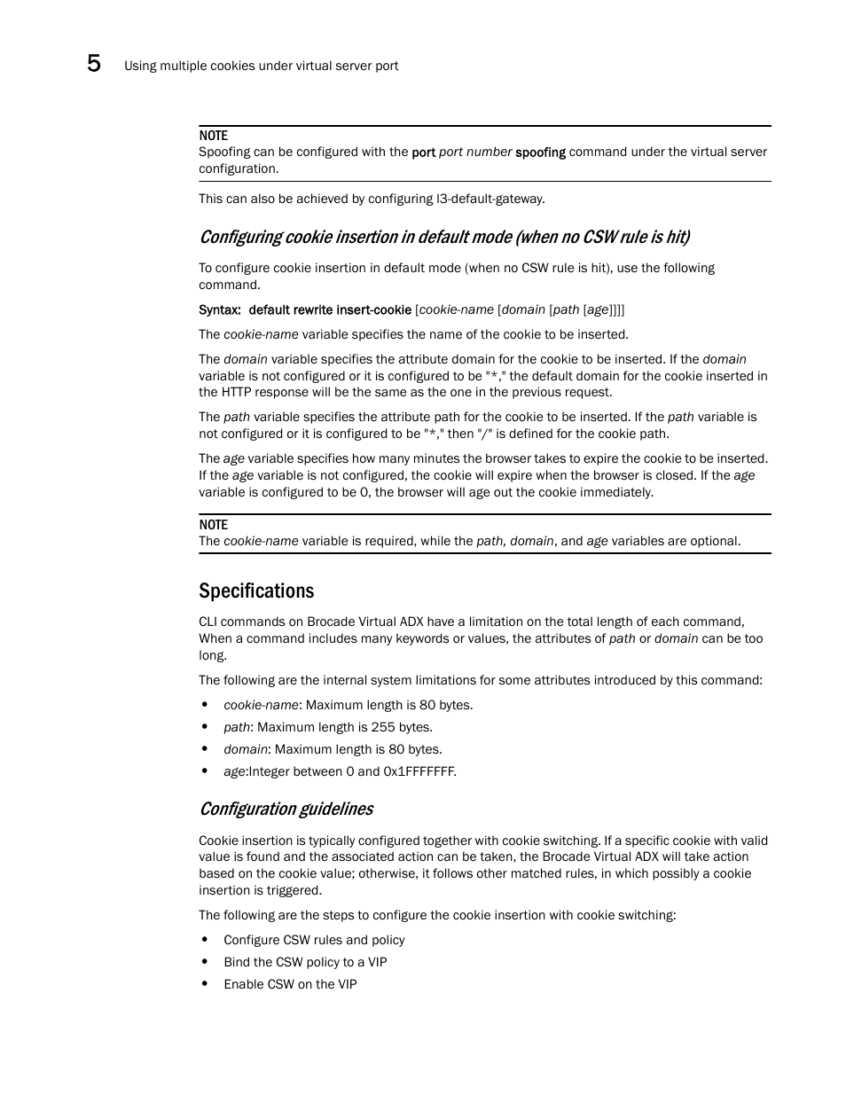 Specifications, Configuration guidelines | Brocade Virtual ADX Server Load Balancing Guide (Supporting ADX v03.1.00) User Manual | Page 290 / 408