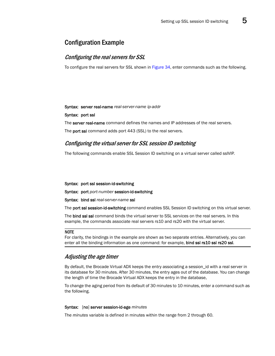 Configuration example, Configuring the real servers for ssl, Adjusting the age timer | Brocade Virtual ADX Server Load Balancing Guide (Supporting ADX v03.1.00) User Manual | Page 317 / 408