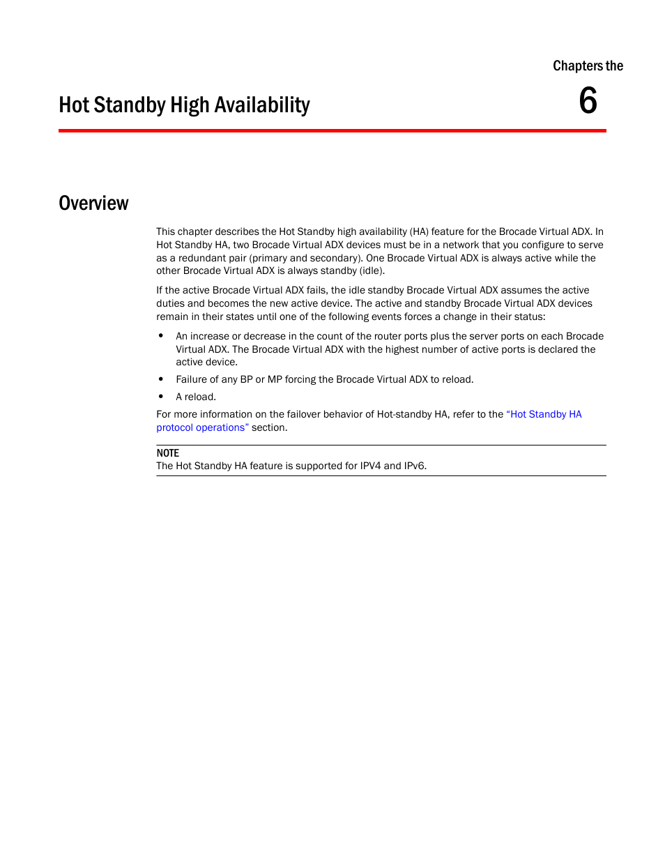 Hot standby high availability, Overview, Chapter 6 | Brocade Virtual ADX Server Load Balancing Guide (Supporting ADX v03.1.00) User Manual | Page 321 / 408